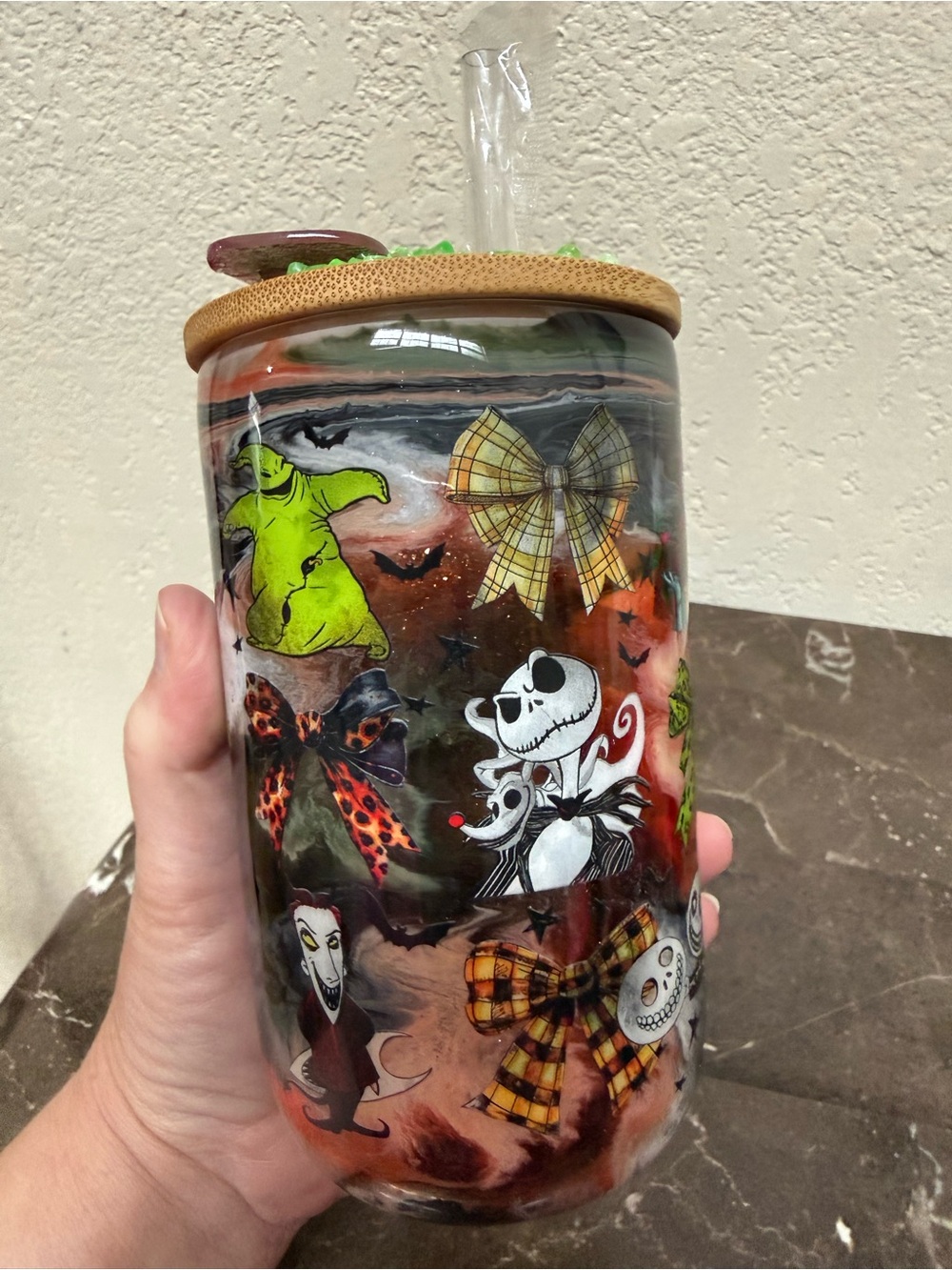 Nightmare Before Christmas 18 oz Glass Glow Cup with Wood Lid and Straw Handmade